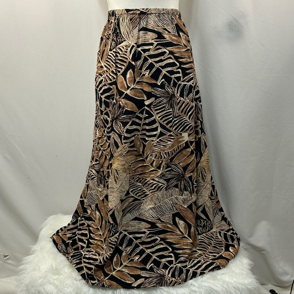 Laura Ashley Maxi Skirt Size 12 Black‎ Brown Tan Floral Leaf Print Long